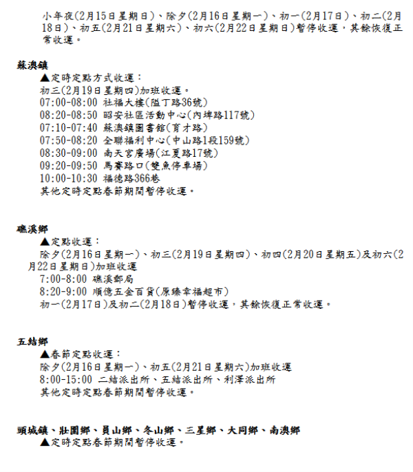 圖片說明：115年度宜蘭縣春節期間垃圾收運彙整簡表4
